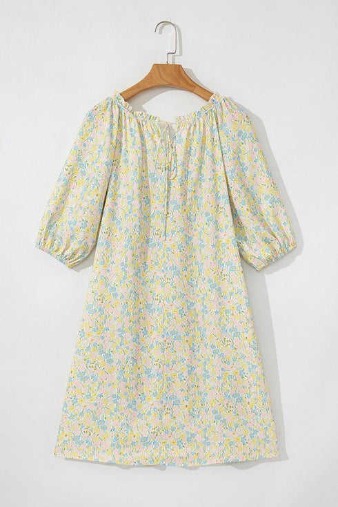 Charming Floral Print Frilled Half Sleeve U Neck A-Line Dress